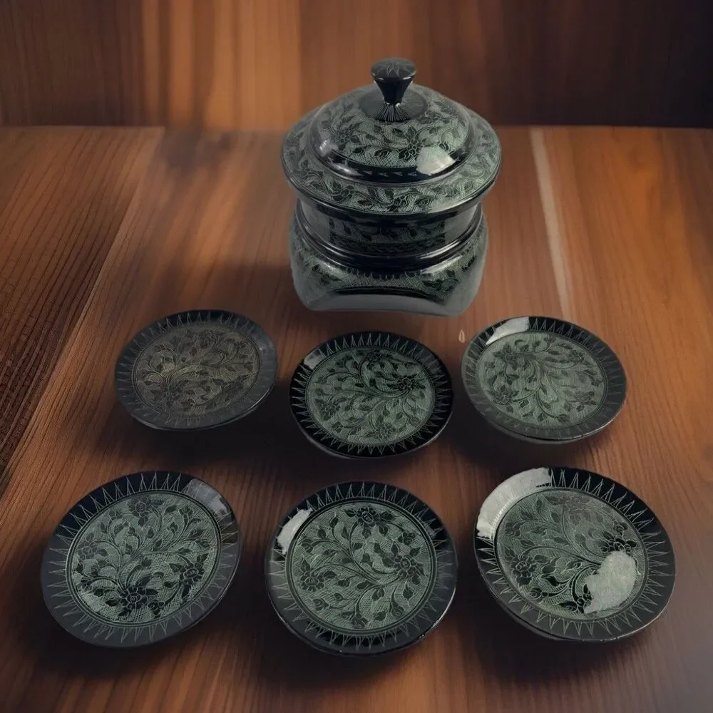Jade Jungle Lacquered Coaster Set Black Lacquer Handpainted Coaster Set